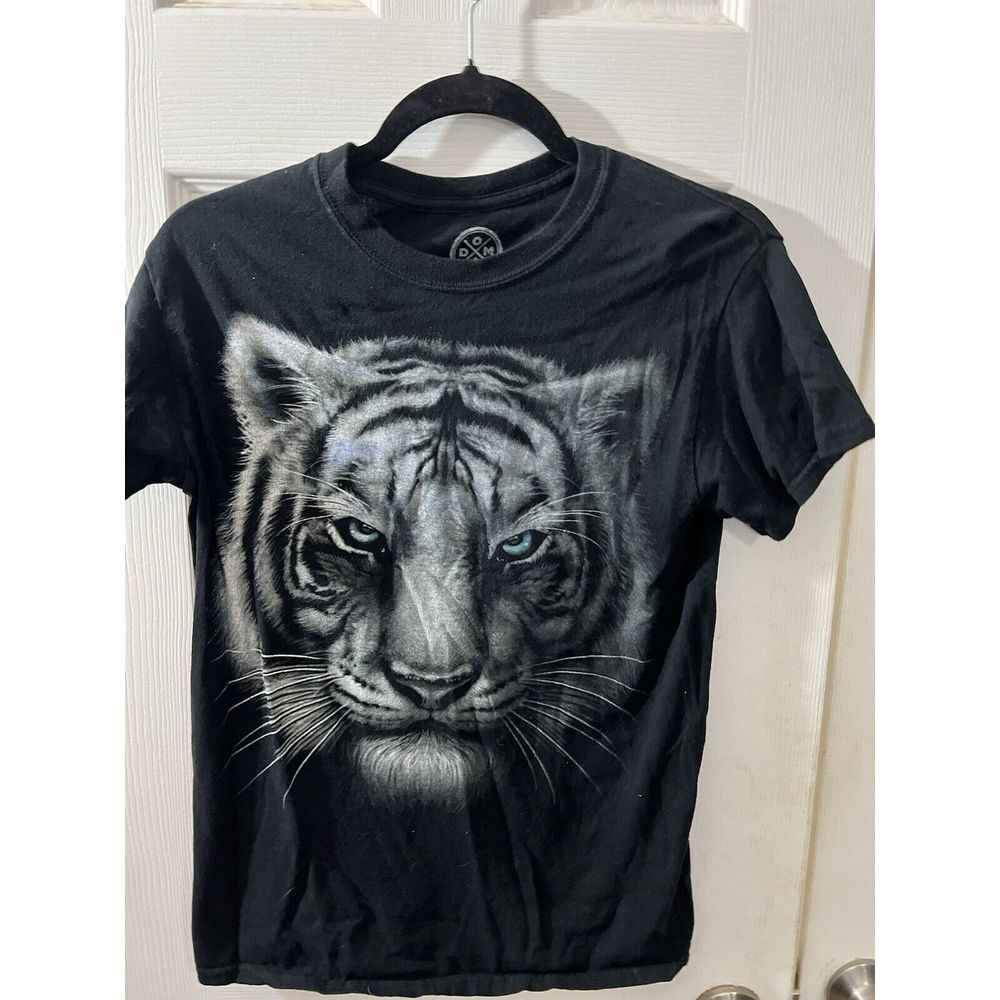 White Tiger Face‎ Small T Shirt 100% Cotton Black Tee DOM Tiger Blue Eyes.